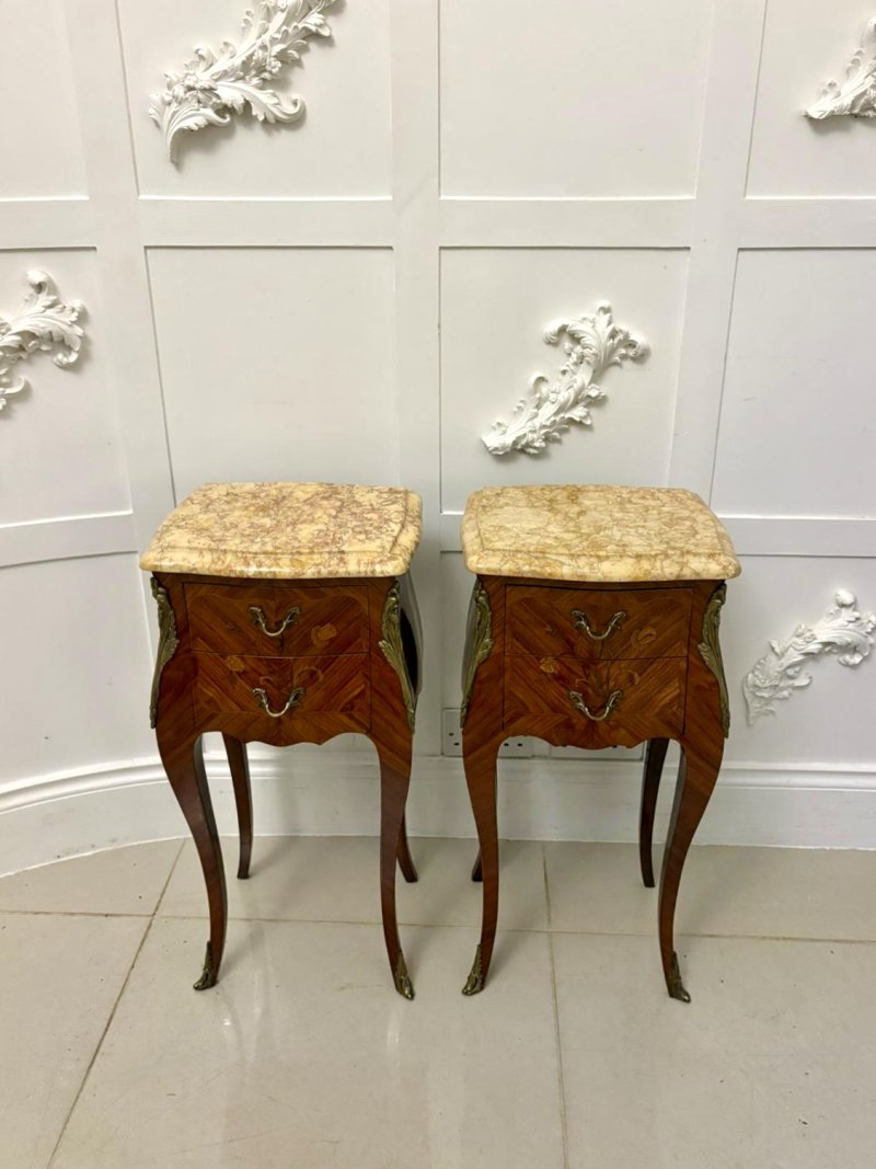 Exceptional Antique Pair of Louis XV Style Kingwood and Marble-Top Bedside Cabinets